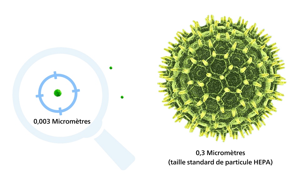 Illustration montrant comment les filtres Philips à petites particules purifient par le biais d'une comparaison avec le plus petit virus connu