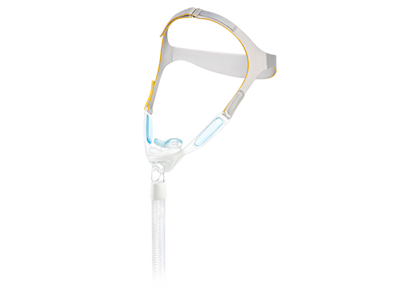 un masque blanc avec des bretelles bleues