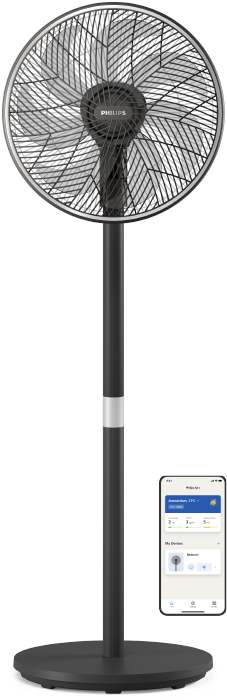 (ouvre dans la même fenêtre) Un ventilateur sur pied Philips à côté des mini-icônes de l'application Philips Air+, sur un fond bleu clair.