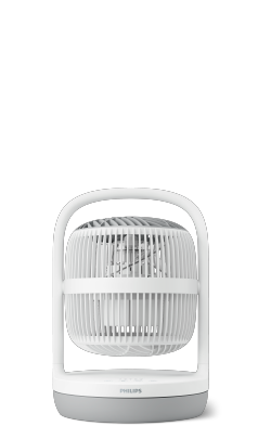 (ouvre dans la même fenêtre) Un petit ventilateur de table Philips série 3000 avec extérieur blanc et base grise.