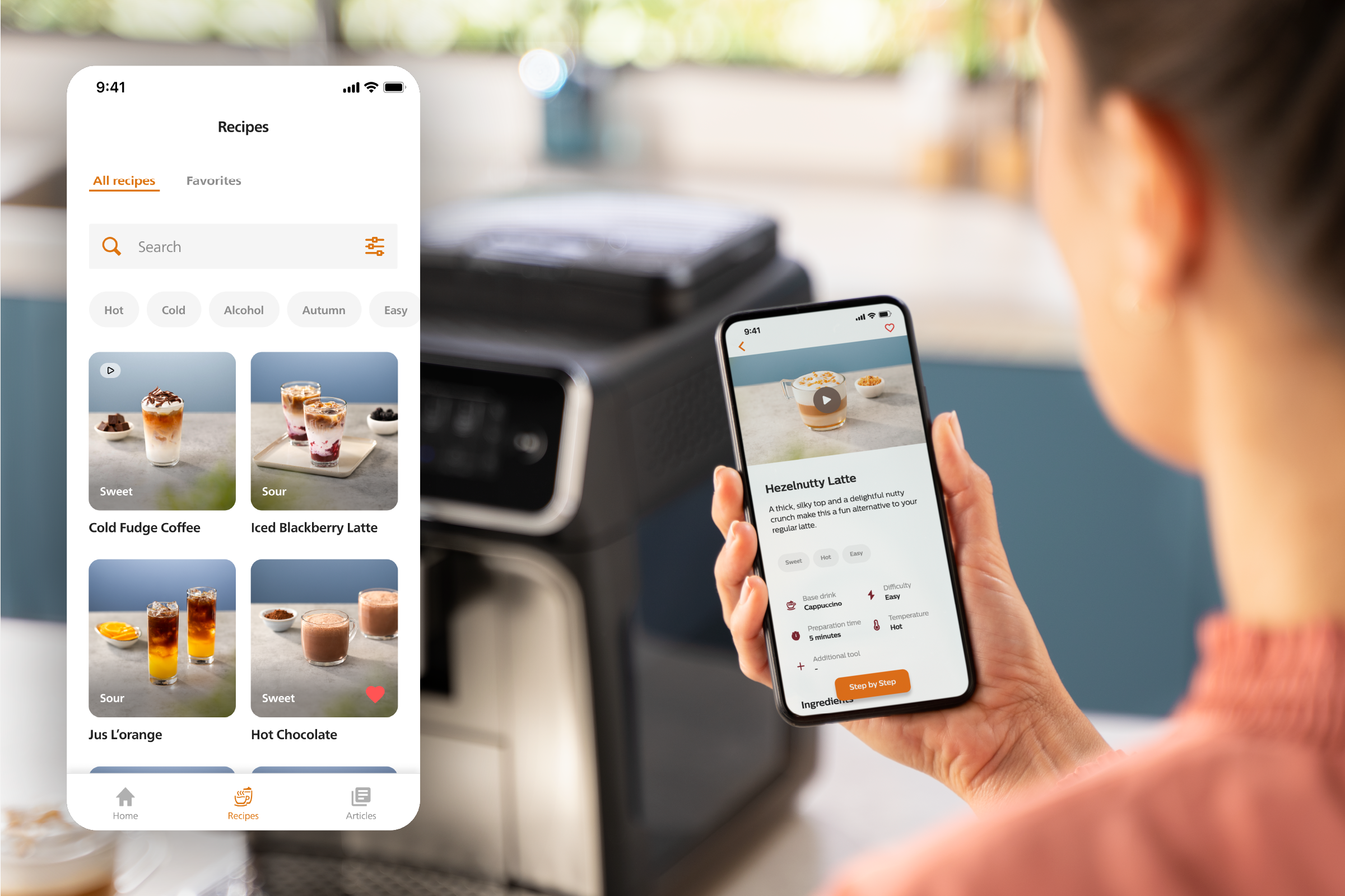 &Eacute;crans de t&eacute;l&eacute;phone affichant des recettes au caf&eacute; dans l'application Coffee+